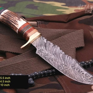 Smith Hand-Forged 10&#39;&#39; Inches Custom Handmade Damascus Steel Premium Quality Hunting Knife With Leather Sheath, Stag & Brass Antler Handle