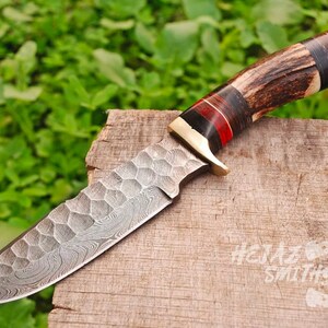 Smith Hand-Forged 10&#39;&#39; Inches Custom Handmade Damascus Steel Premium Quality Hunting Knife With Leather Sheath, Stag & Brass Antler Handle