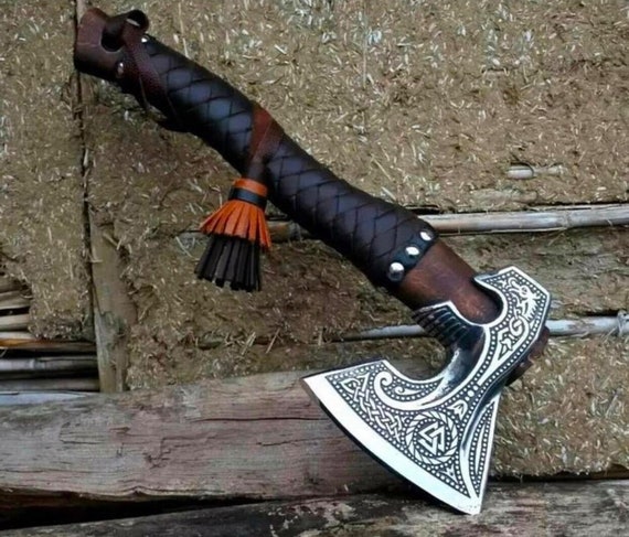 High carbon steel forged throwing axe with leather wrap handle and