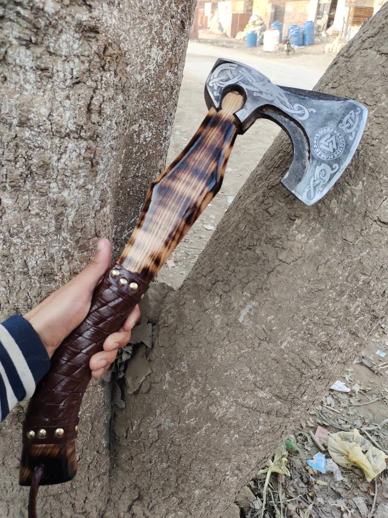 Custom Handmade Beautiful Viking Axe With Cow Leather Sheath , A Custom Handmade Beautiful Viking Axe With Cow Leather Sheath , A
