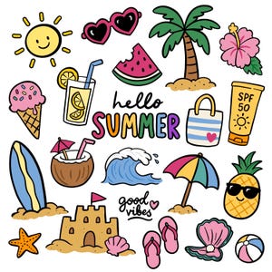 Hello Summer: Vectorized hand-drawn doodles of summer themed items