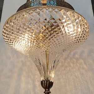 Rare Vintage Art Nouveau Light Old Lamp Ceiling Hanging Fixture Brass & Crystal Cut Glass Light Antique