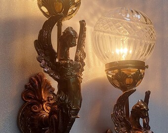 Pair Vintage Art Nouveau Deco light Old Lamp Lion Mermaid Wall Sconces Fixture Brass & Globe Glass Light Antique Lamp