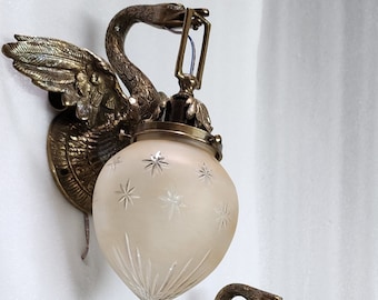 Pair Vintage Art Nouveau Deco light Old Lamp Swan Wall Sconces Fixture Brass & Star Glass Light Antique Lamp