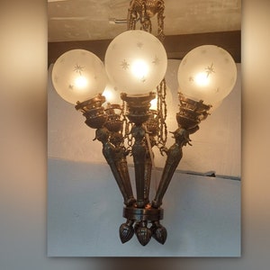 Rare Vintage Art Deco Nouveau Mashaal 6 Light Old Lamp Ceiling Hanging Chandelier Fixture Heavy Brass & Glass Light Antique