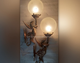 Pair Vintage Art Nouveau Deco light Old Lamp Mermaid Wall Sconces Fixture Brass & Glass Light Antique Lamp