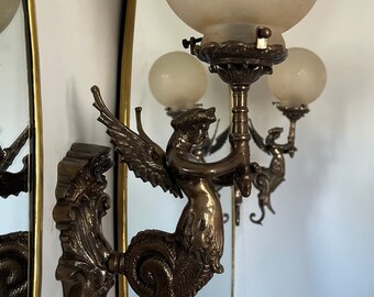 Pair Vintage Art Nouveau Deco light Old Lamp Mermaid Wall Sconces Fixture Brass & Star Globe Glass Shade Light Antique Lamp