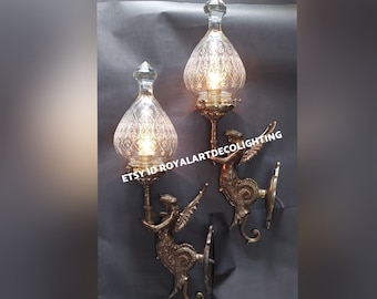 Pair Vintage Art Nouveau Deco light Old Lamp Mermaid Wall Sconces Fixture Brass & Glass Light Antique Lamp
