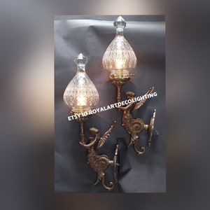 Pair Vintage Art Nouveau Deco light Old Lamp Mermaid Wall Sconces Fixture Brass & Glass Light Antique Lamp