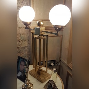 Rare Antique Vintage Art Deco Old Fixture Light Heavy Casting Brass Table Lamp Light Milk Glass Shade Lamp