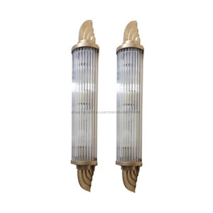 Pair Skyscraper Vintage Art deco light Old Lamp Wall Sconces Fixture Brass & Glass Rod Ship Light Antique