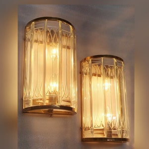 Pair Skyscraper Vintage Art Deco Nouveau light Old Lamp Wall Sconces Fixture Brass & Glass Ship Light Antique