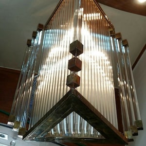 Wolkenkrabber Vintage Art deco licht Oude Lamp Plafond Opknoping Kroonluchter Armatuur Driehoek Vorm Messing & Glas Staaf Schip Licht Antiek