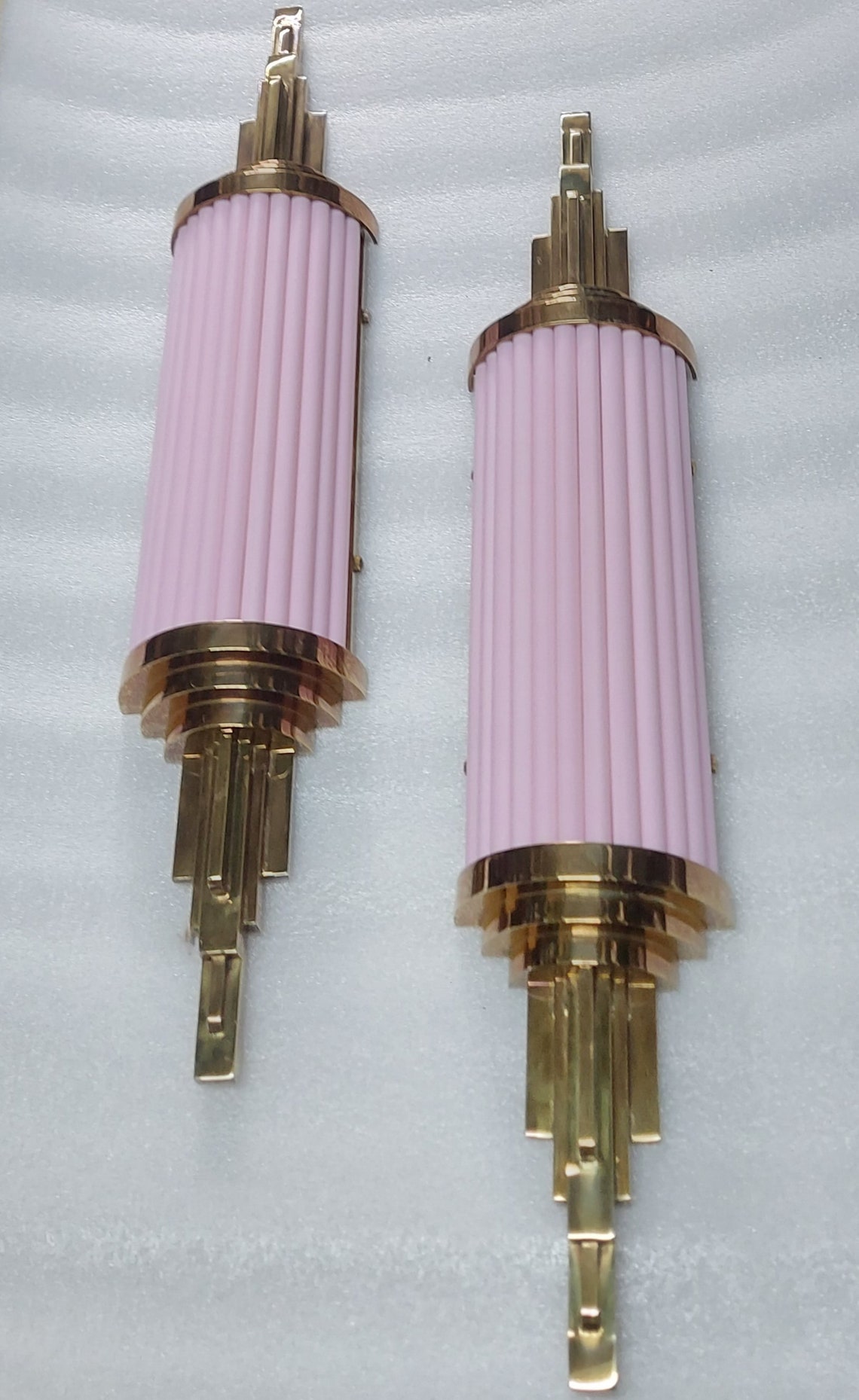 Pink Glass Rods Pair Skyscraper Vintage Art Deco Light Old Lamp Wall Sconces Fixture ...