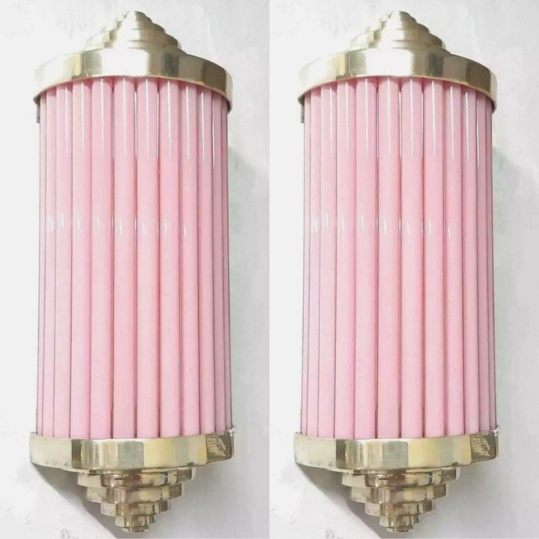 Pink Glass Rods Pair Skyscraper Vintage Art Deco Light Old Lamp Wall Sconces Fixture ...