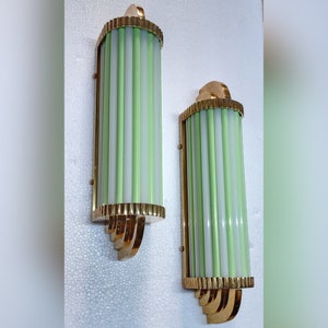 Pair Skyscraper Vintage Art deco light Old Lamp Wall Sconces Fixture Brass & Opaline Green Milk Glass Rod Ship Light Antique