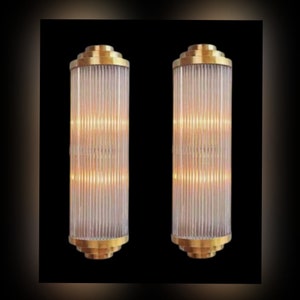 Pair Skyscraper Vintage Art deco light Old Lamp Wall Sconces Fixture Brass & Glass Rod Ship Light Antique