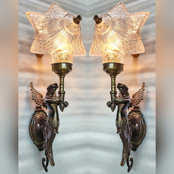 Paar Vintage Art Nouveau Deco Licht alte Lampe Meerjungfrau Wandleuchten Leuchte Messing & Sternform Glasschirm Licht antike Lampe