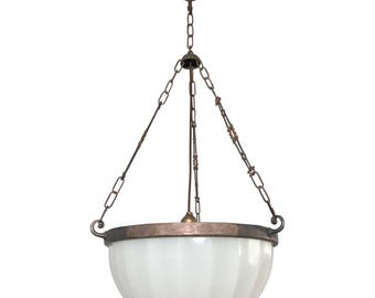 Zeldzame vintage art-decolamp oude lamp plafond hangende hanglamp armatuur messing en melkglas kaplamp antiek