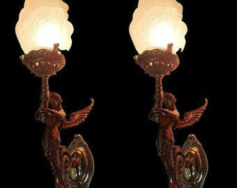 Pair Vintage Art Nouveau Deco light Old Lamp Mermaid Wall Sconces Fixture Brass & Glass Light Antique Lamp