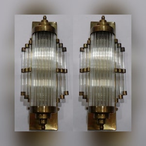 Pair Skyscraper Vintage Art deco light Old Lamp Wall Sconces Fixture Brass & Glass Rod Ship Light Antique