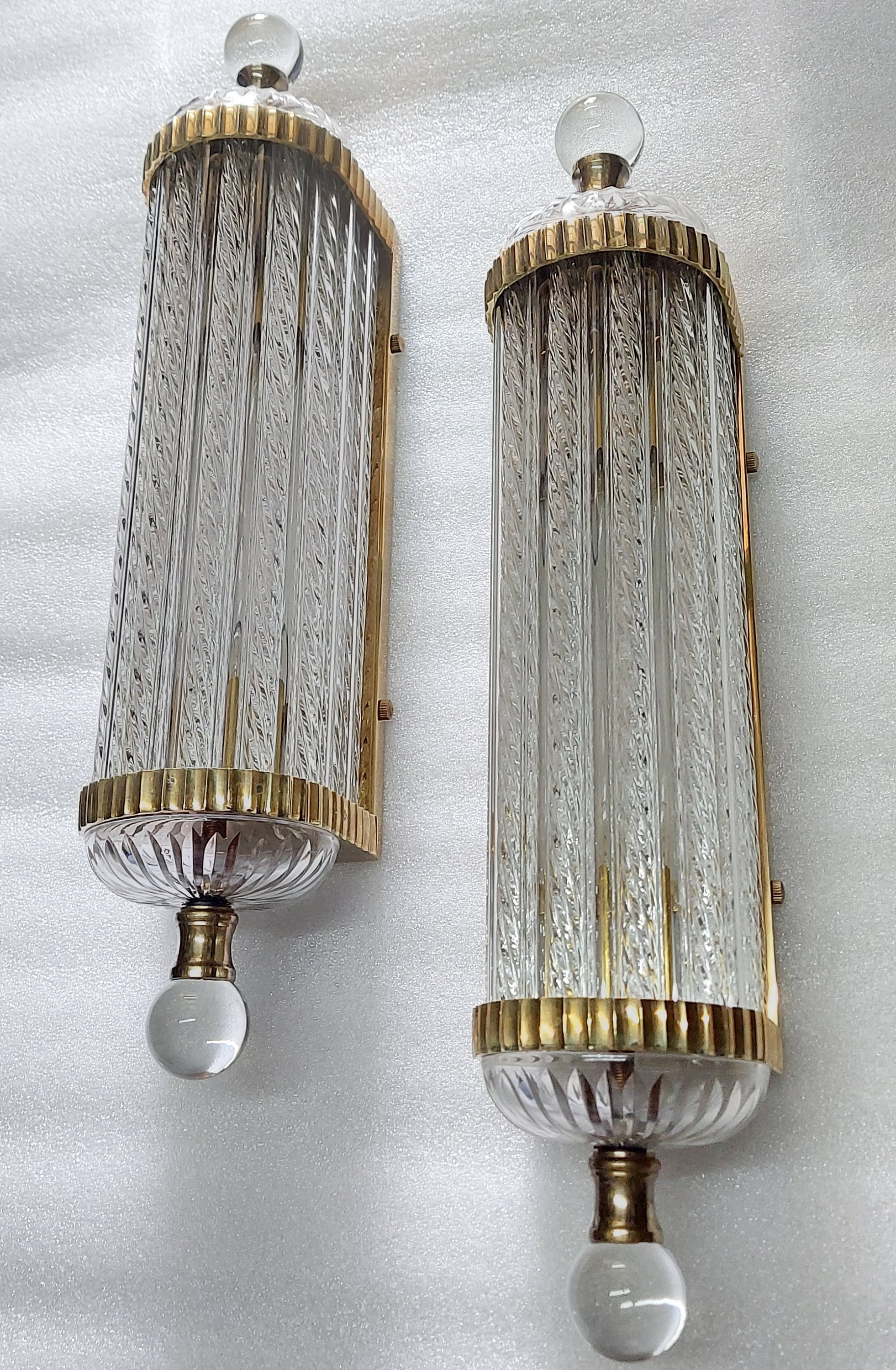 Pair Vintage Art Deco Light Old Lamp Wall Sconces Fixture Brass & Ribbed Glass Rod Ship Light