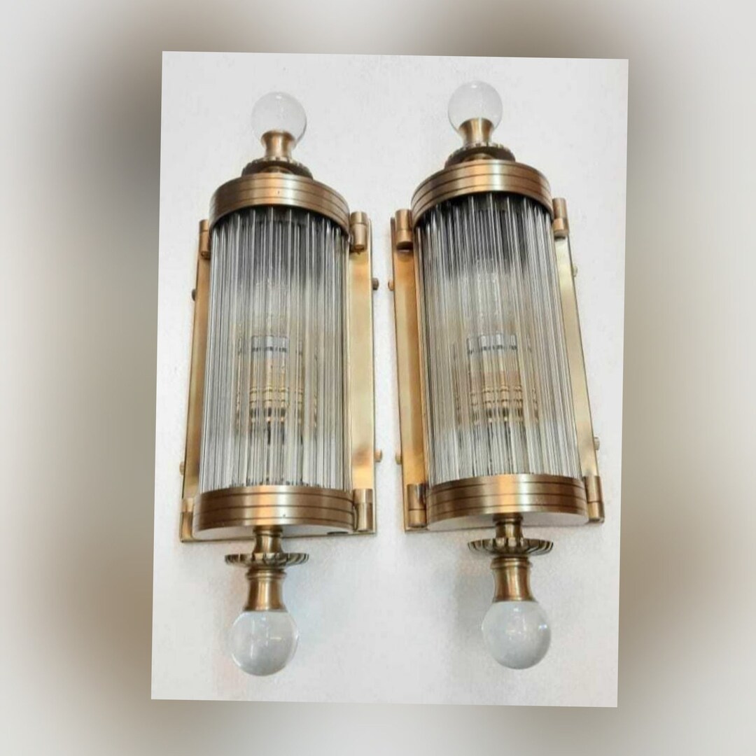 Pair Skyscraper Vintage Art Deco Light Old Lamp Wall Sconces Fixture Metro Light Brass & Glass
