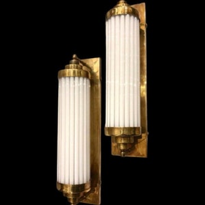 Pair Skyscraper Vintage Art deco light Old Lamp Wall Sconces Fixture Brass & Milk Glass Rod Ship Light Antique