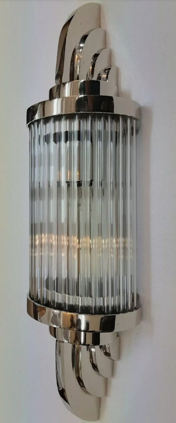 Ancien Art Deco Skyscraper Laiton Glass Rod Eclairage Lampe De Table Lampadaire