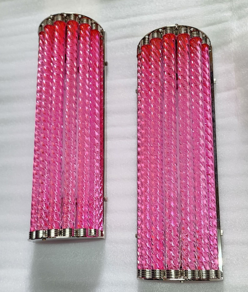 Pink Glass Rods Pair Vintage Art Deco Light Old Lamp Wall Sconces Fixture Brass & Ruby ...