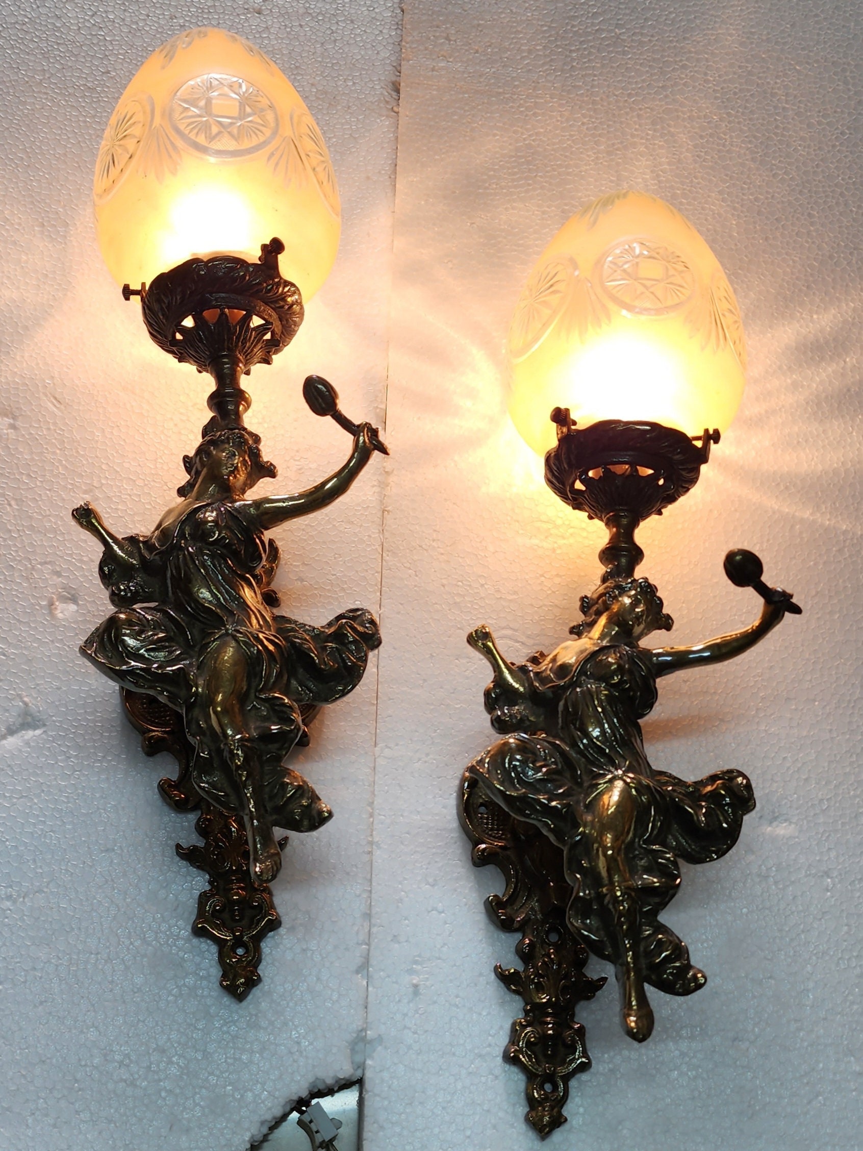 Pair Vintage Art Nouveau Deco Light Old Lamp Mermaid Wall Sconces