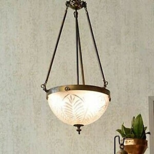 Rare Vintage Art Nouveau Light Old Lamp Ceiling Hanging Fixture Brass & Crystal Cut Glass Light Antique