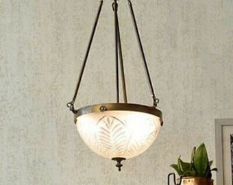 Rare Vintage Art Nouveau Light Old Lamp Ceiling Hanging Fixture Brass & Crystal Cut Glass Light Antique