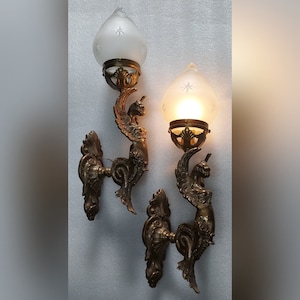 Pair Vintage Art Nouveau Deco light Old Lamp Lion Mermaid Wall Sconces Fixture Brass & Star Glass Light Antique Lamp