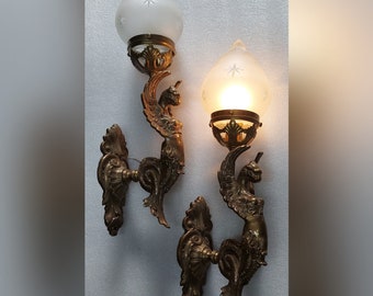 Pair Vintage Art Nouveau Deco light Old Lamp Lion Mermaid Wall Sconces Fixture Brass & Star Glass Light Antique Lamp