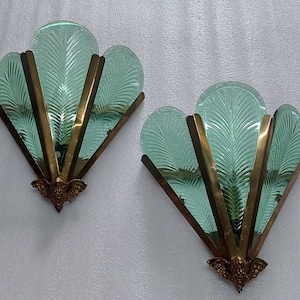 Pair Antique Vintage Art Deco Nouveau Brass Cut Glass Fixture Slip Shade Wall Sconces Lamp Ship Light