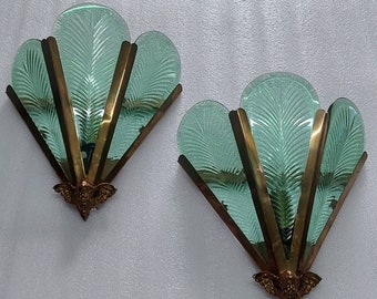 Pair Antique Vintage Art Deco Nouveau Brass Cut Glass Fixture Slip Shade Wall Sconces Lamp Ship Light