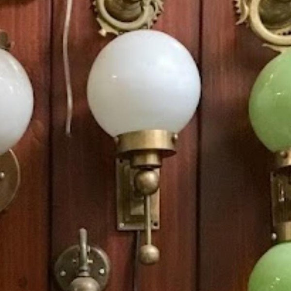 Vintage Art Deco light Old Lamp Wall Sconces Fixture Brass & Milk Glass Shade Ship Light Antique