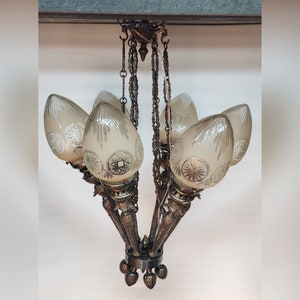 Rare Vintage Art Deco Nouveau Mashaal 6 Light Old Lamp Ceiling Hanging Chandelier Fixture Heavy Brass & Star Glass Shade Light Antique