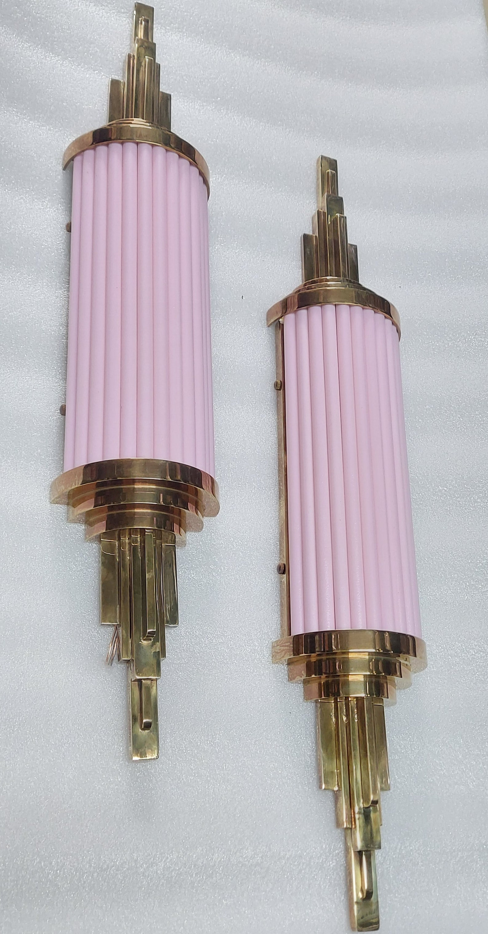 Pink Glass Rods Pair Skyscraper Vintage Art Deco Light Old Lamp Wall Sconces Fixture ...