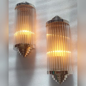 Pair Skyscraper Vintage Art deco light Old Lamp Wall Sconces Fixture Nickel Brass & Glass Rod Ship Light Antique