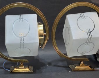 Pair Vintage Art deco light Old Lamp Wall Sconces Fixture Brass & Art Deco Design Frosted Cube Glass Shade Lamp Ship Light Antique