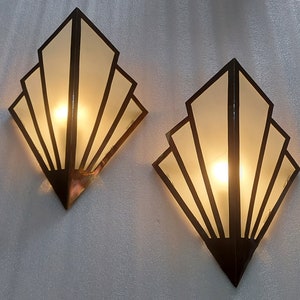 Pair Antique Vintage Skyscraper Art Deco Nouveau Brass Frosted Glass Fixture Slip Shade Wall Sconces Lamp Ship Light