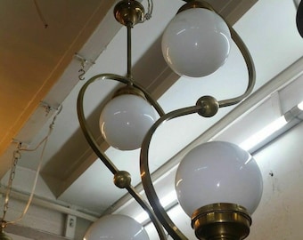 Pair Antique Vintage Art Deco Bauhaus Old Fixture Ceiling Brass Hanging Light Milk Glass Shade Lamp