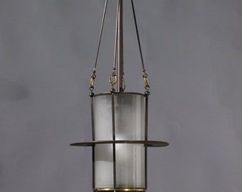 Antique Vintage Art Deco Old Fixture Ceiling Brass Hanging Chandelier Light Frosted Cylinder Glass & Milk Glass Shade Lamp