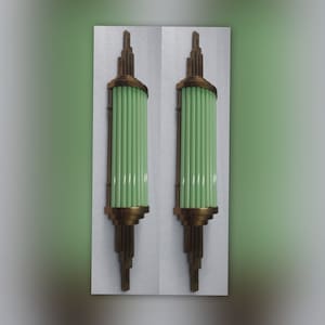 Pair Skyscraper Vintage Art deco light Old Lamp Wall Sconces Fixture Brass & Opaline Green Glass Rod Ship Light Antique