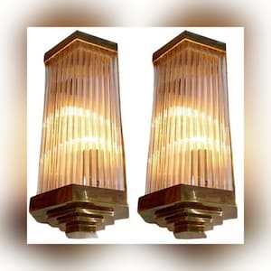 Pair Skyscraper Vintage Art deco light Old Lamp Wall Sconces Fixture Brass & Glass Rod Ship Light Antique