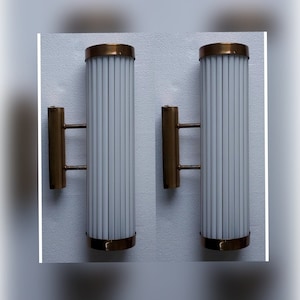 Pair Vintage Art deco light Old Lamp Wall Sconces Fixture Brass & Milk Glass Rod Ship Light Antique