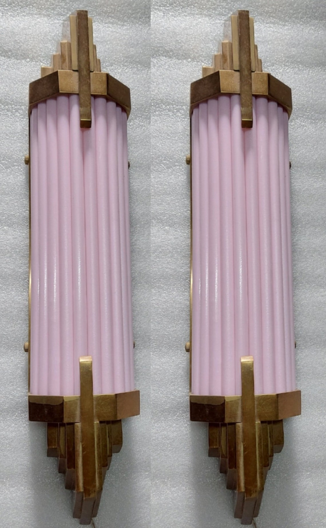 Pink Glass Rods Pair Skyscraper Vintage Art Deco Light Old Lamp Wall Sconces Fixture ...