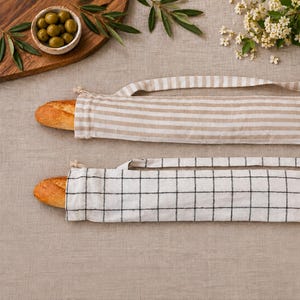 Linen Baguette Bag, Reusable Bread Storage, Striped or Checked Pattern